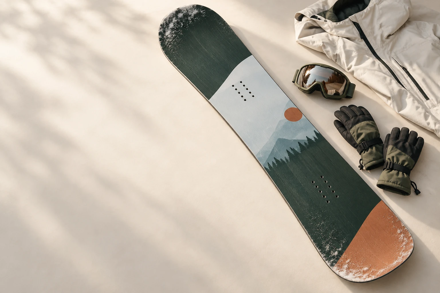 An illustrated snowboard, gloves and goggles on an ivory background